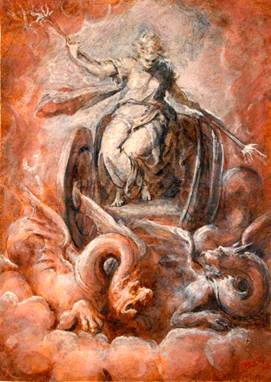 dipinto di Andrea Schiavone -Demetra su un carro trinata da draghi
